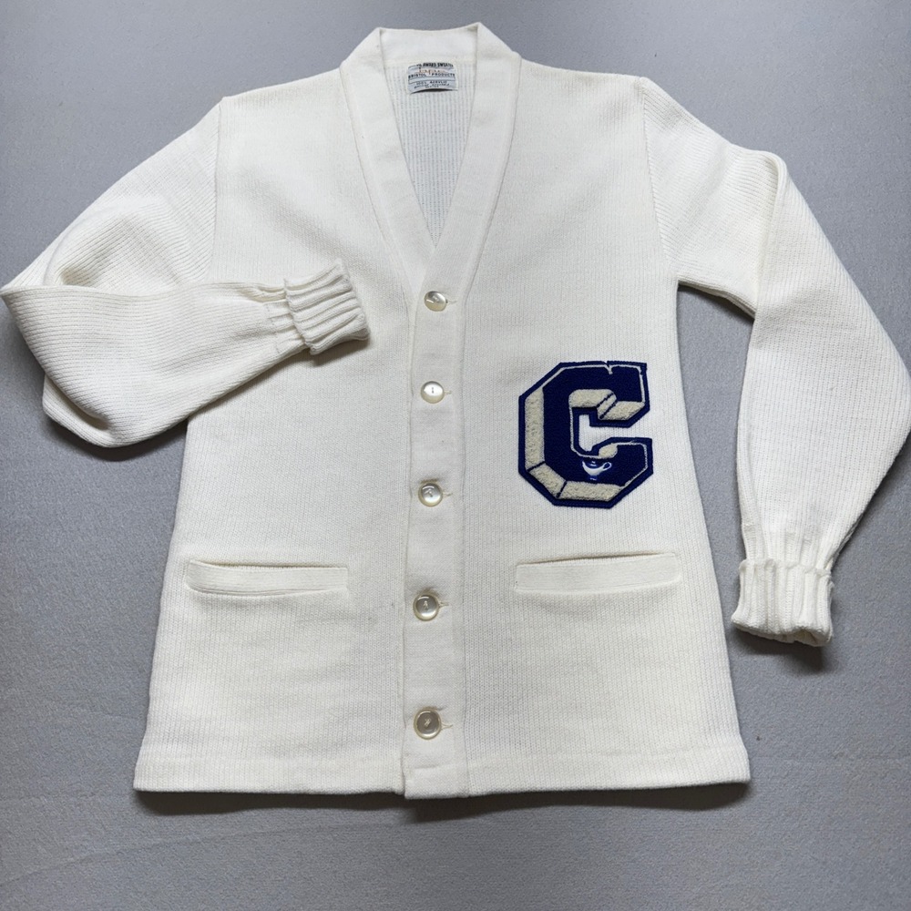 Bristol Products Vintage Letterman Cardigan Sweater White Chenille C Patch Mens
